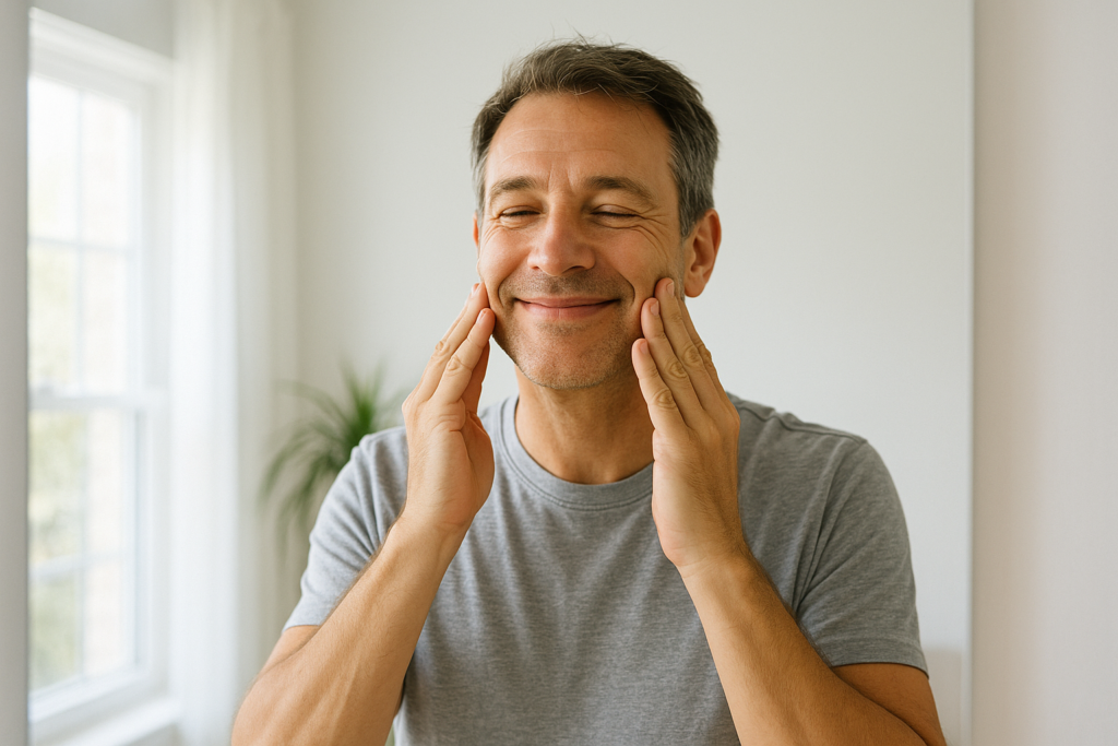 a man is rubbing his face