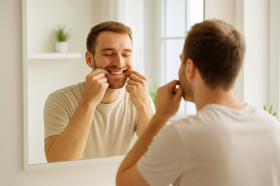 a man is rubbing his face in front of mirror