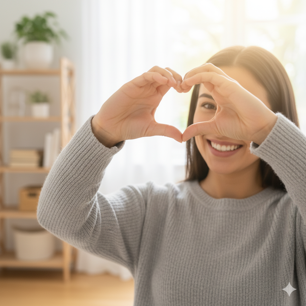 a girl is showing heart