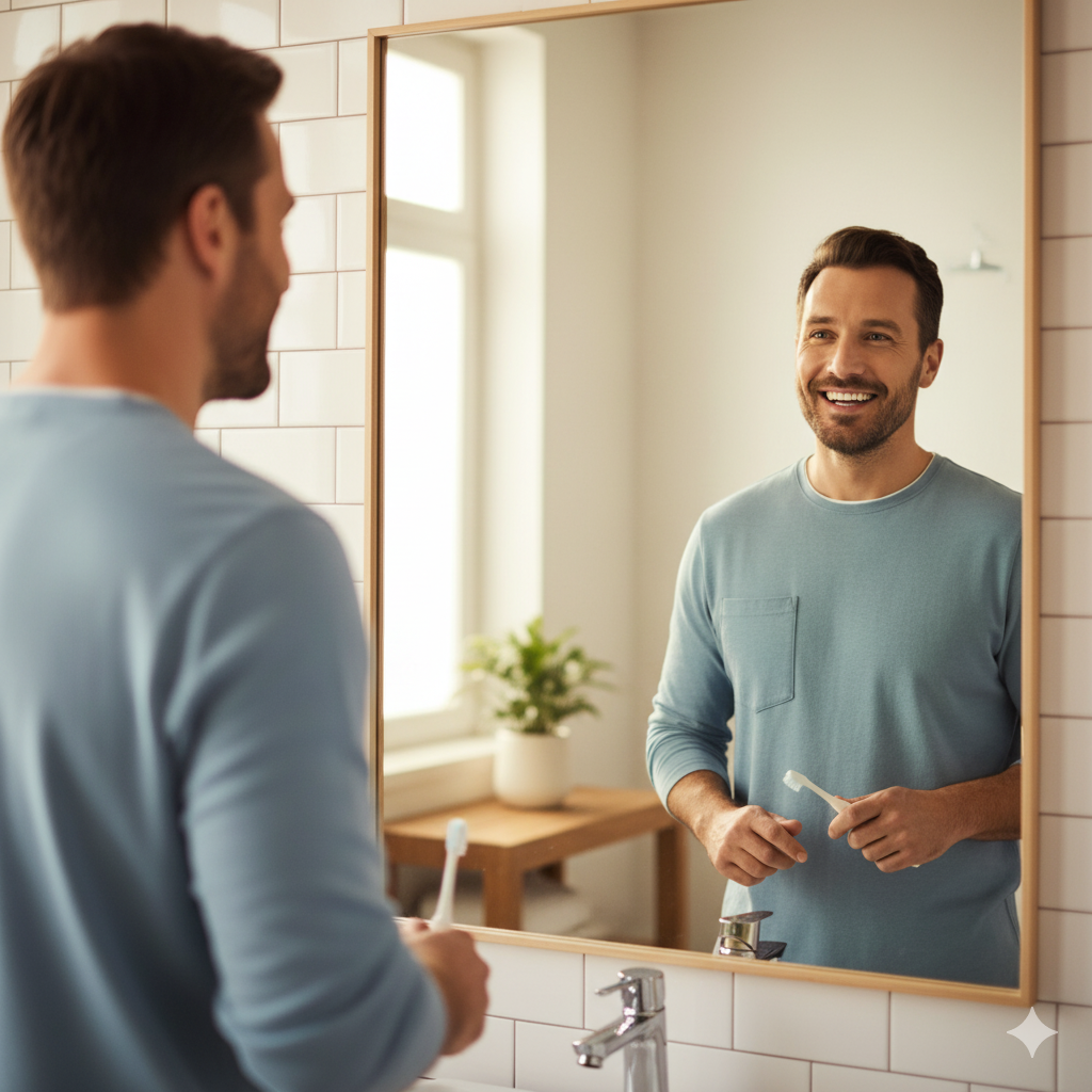 a man is standing front of mirror