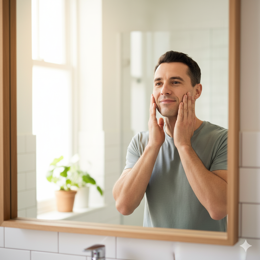 a man seeing face in mirror